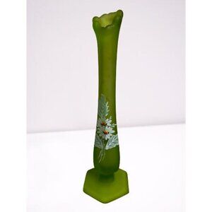 Vtg Westmoreland Bud Vase Frosted Green Satin Hand Painted Daisy flowers 9"